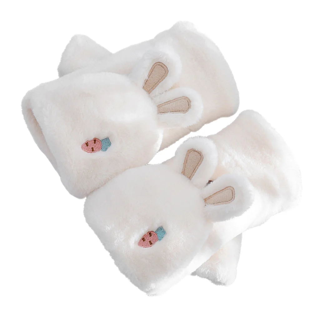 ถุงมือแบบไม่มีนิ้ว ลายหูกระต่าย 1 คู่ ผ้าบุนุ่ม ป้องกันรอยยับ สำหรับผู้หญิง อุปกรณ์เสริมฤดูหนาว ทำจากโพลีเอสเตอร์