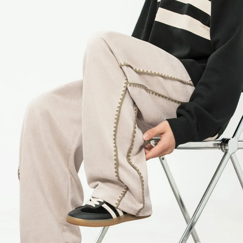 

Suede Texture Casual Pants For Men Spring Summer Straight Long Pants Shell Embroidery Design Loose Pants Handsome Casual LF9W
