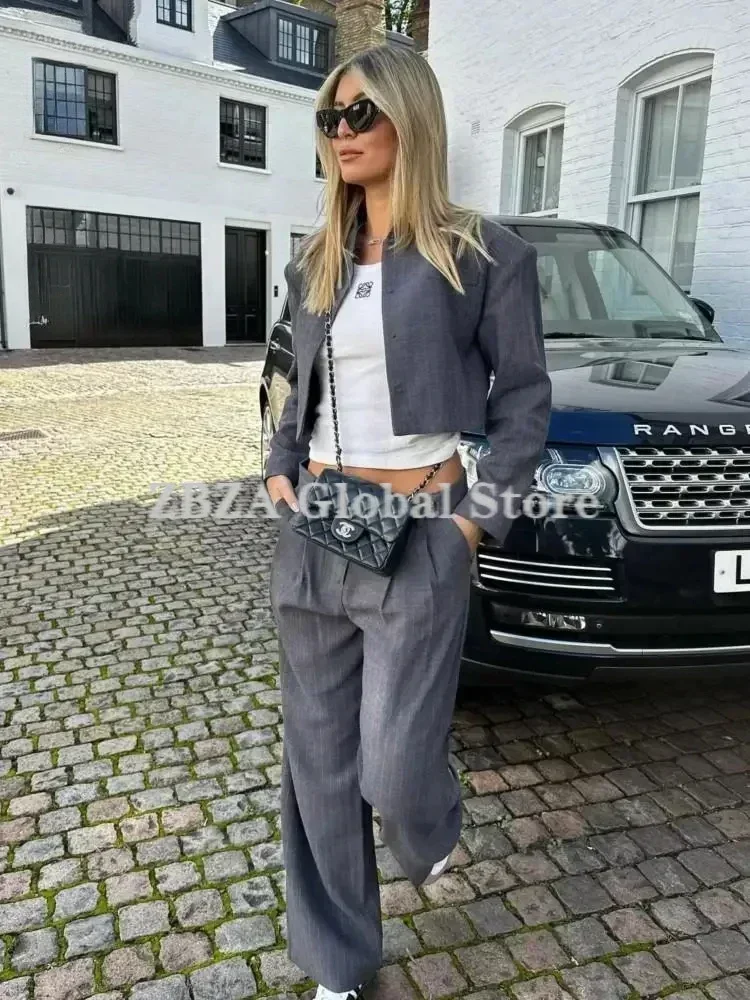 ZBZA Pantaloni Blazer Corti a Righe da Donna Abito Girocollo Manica Lunga Monopetto Giacca Corta Giacca Pieghettata Design Asimmetrico Vita Alta