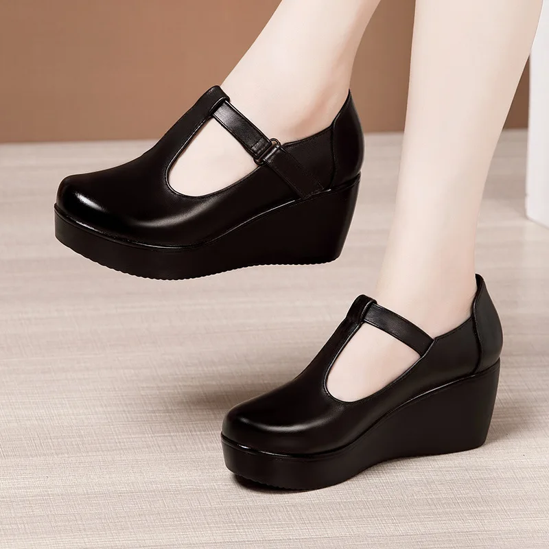 6cm Small Size 32-43 T Strap Shallow Mary Janes Women's Platform Pumps 2024 Fall Med Heels Wedges Shoes for Office Mom Dance