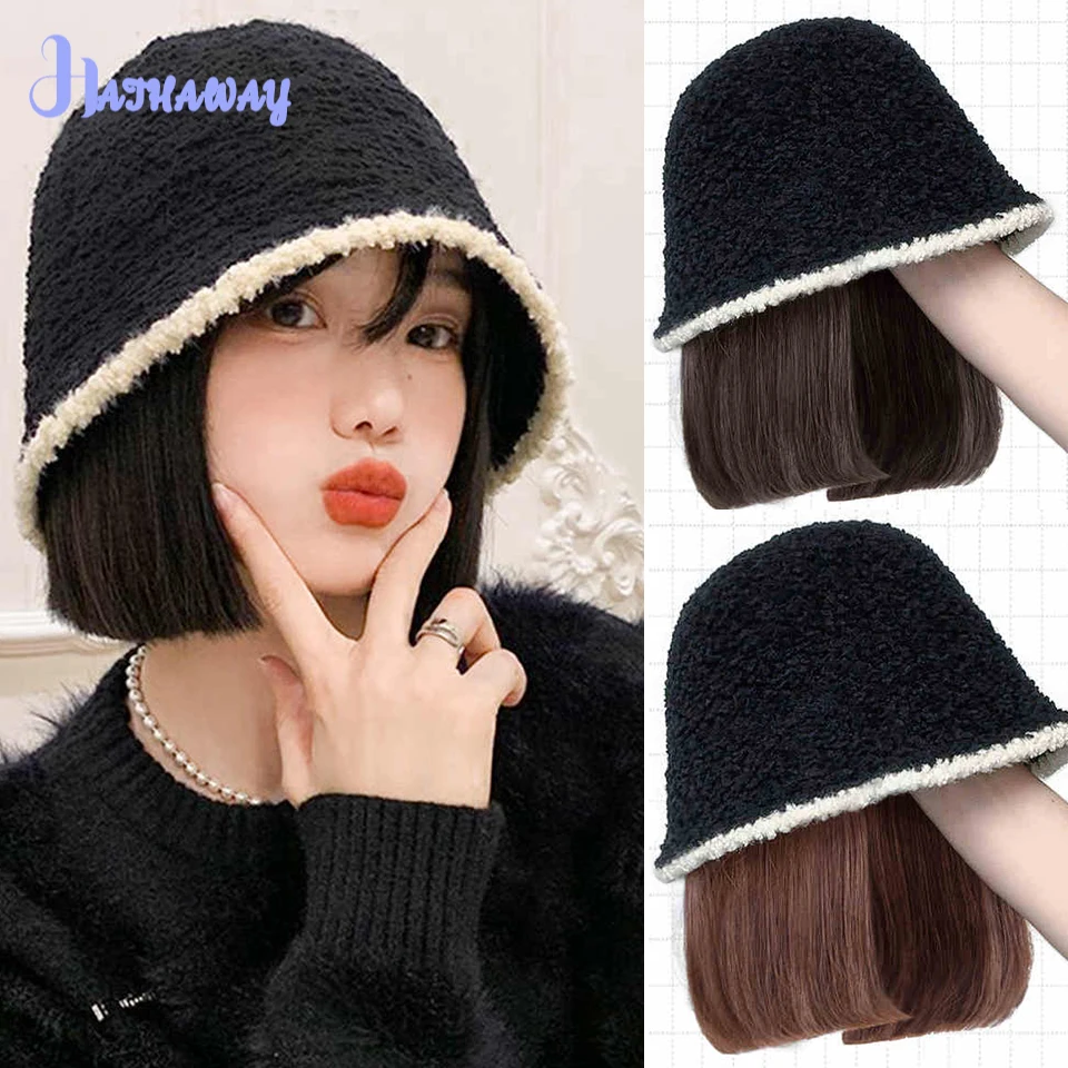 Wig Hat Women's Short Hair Fashion Wool Fisherman's Hat Synthetic Hat Wig Explosions With Hair Natural Full-head Daily Wear