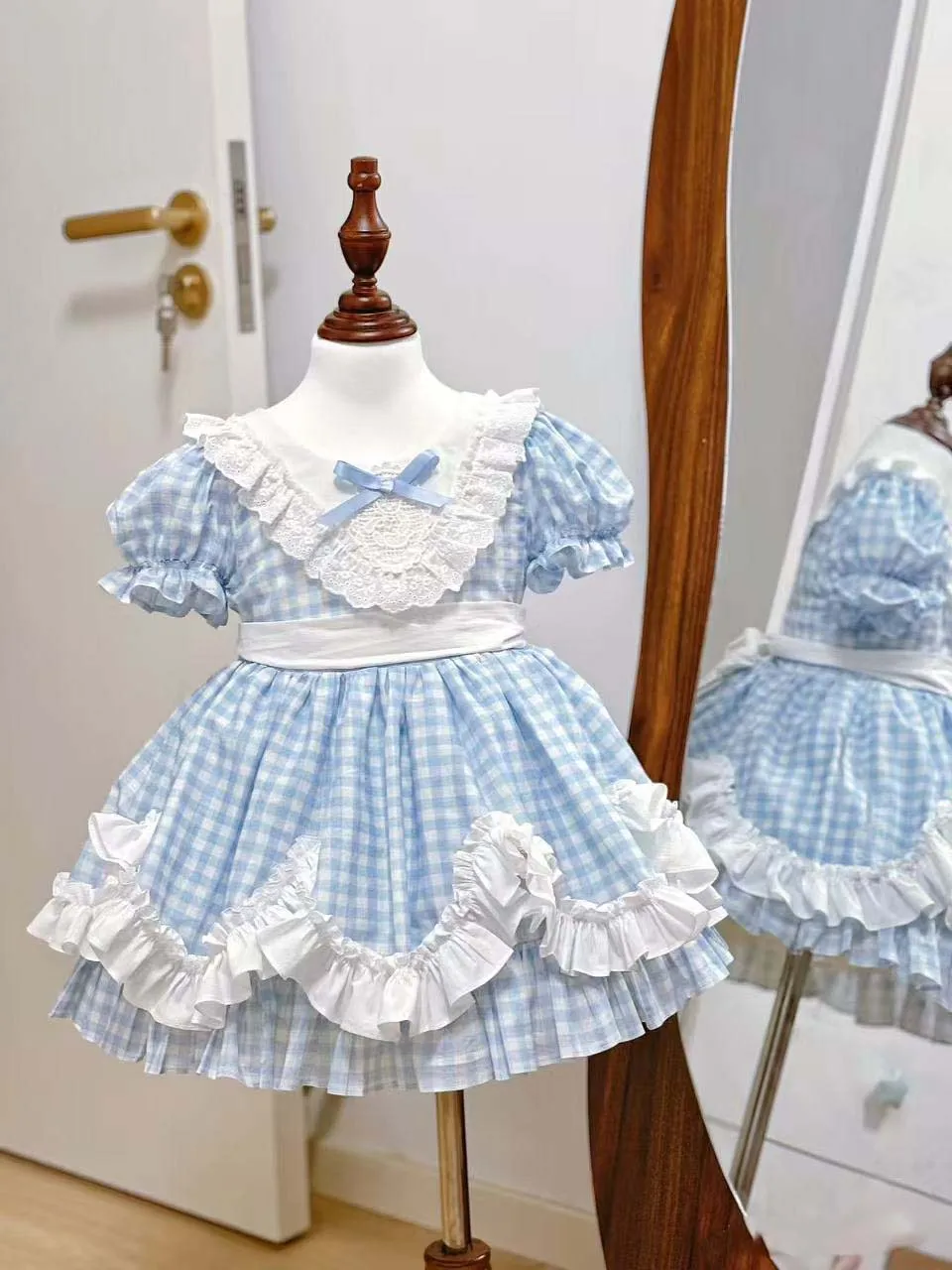 

0-12Y Baby Girl Summer Blue Plaid Turkish Vintage Princess Dress for Birthday Holiday Eid Photography B382