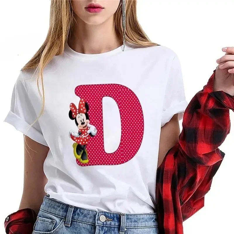 

Disney Cartoon Mickey Mouse Minnie Letters BCDEF Printed Summer T-shirt Women T-shirt Harajuku Casual Tops Cotton Short-sleeved