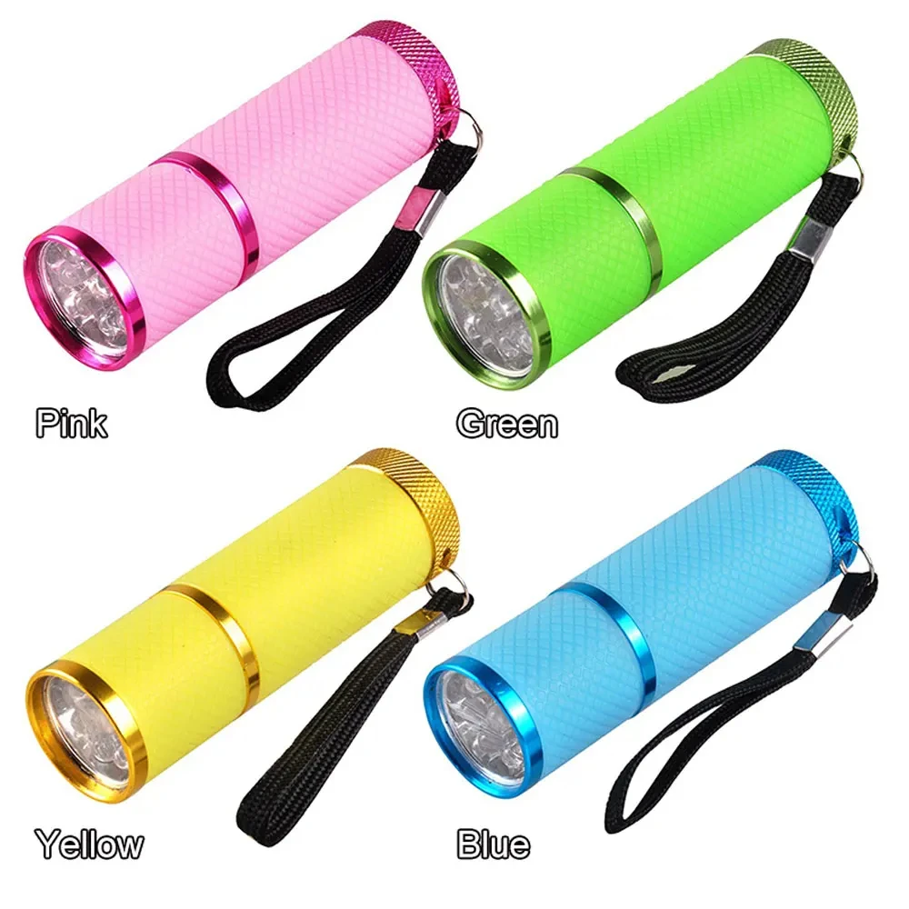 Portable Flash Light 9 LEDs 395nm LED UV Gel Curing Lamp Handheld Nail Dryer Pink Yellow Blue Green UV Flashlights Detector