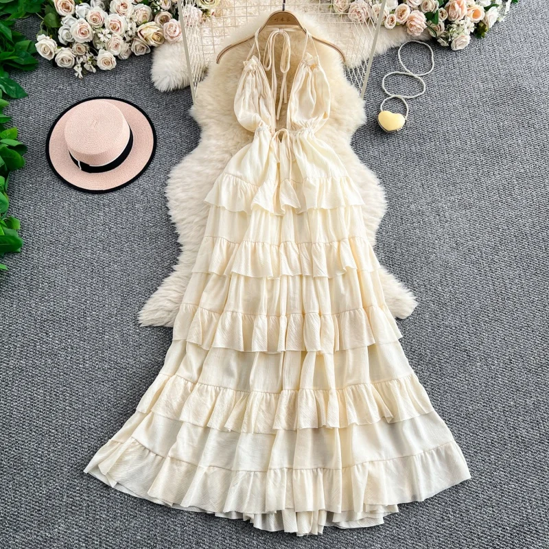 Sukienka bez rękawów z falbanami, balowa, na ramiączkach, letnia odzież damska 2026, długa sukienka maxi na ramiączkach, sukienka na wakacje, imprezę.