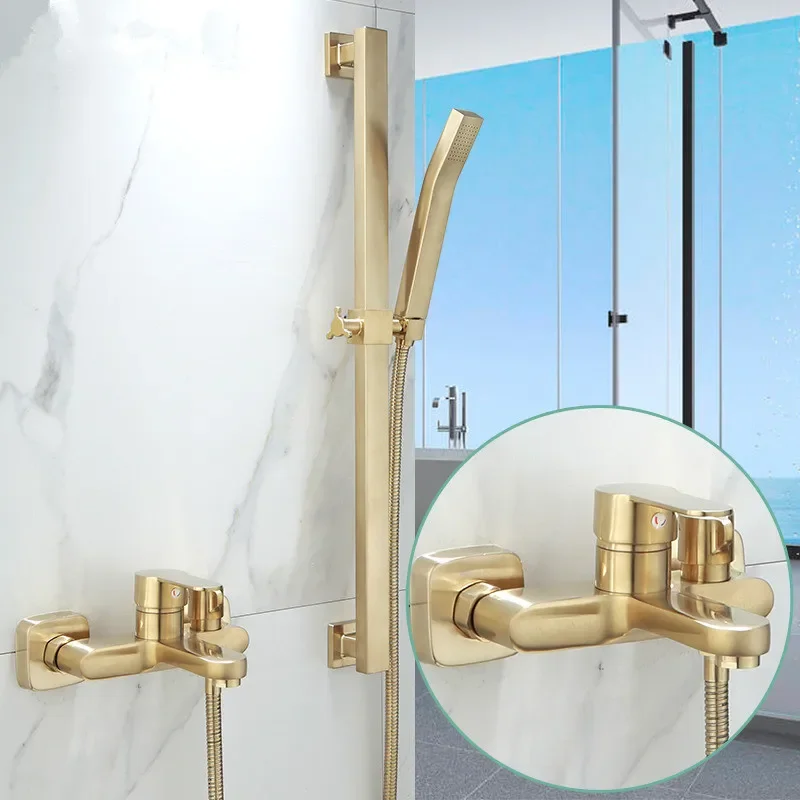 

Bathtub Shower Set Wall Mounted Brushed Gold Bath and Faucet, Bathroom Cold and Hot Bath and Mixer Tap Brass