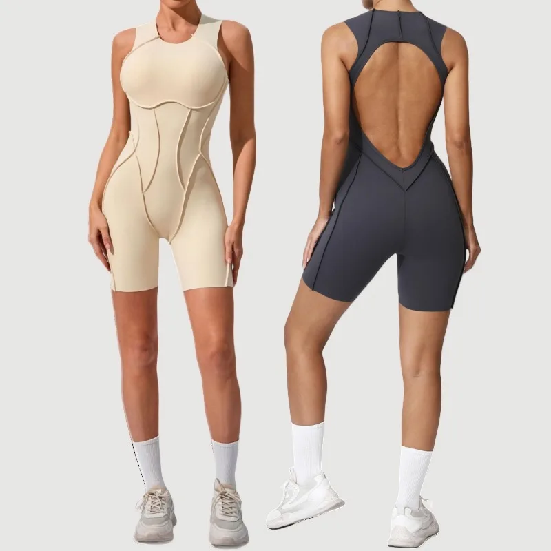 

Women's Color-Blocking Yoga Jumpsuit - Open Back Workout Bodysuit Street-Style Soft Stretch Gym Running Workout One Piece Outfit