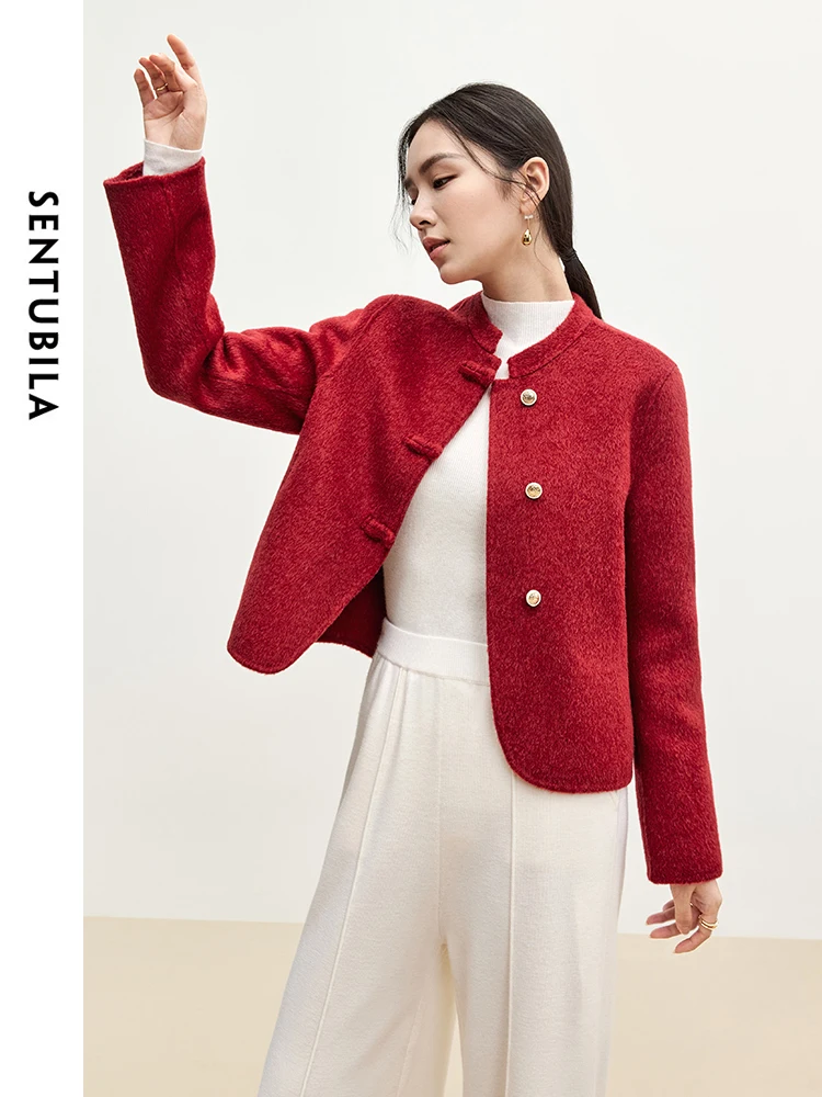

SENTUBILA Women's Woolen Coat 2025 Winter Chinese Style Double-Face Stand Neck Casual Outwear Warm Woman Red Coats W44O56096