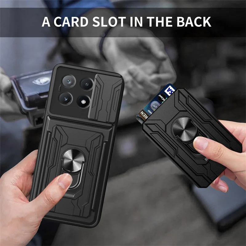 For Poco X6 Pro 5G Case Slide Lens Protect Armor Phone Case for Poko Little X 6 Pro X6pro Pocox6pro Card Slot Bracket Back Cover