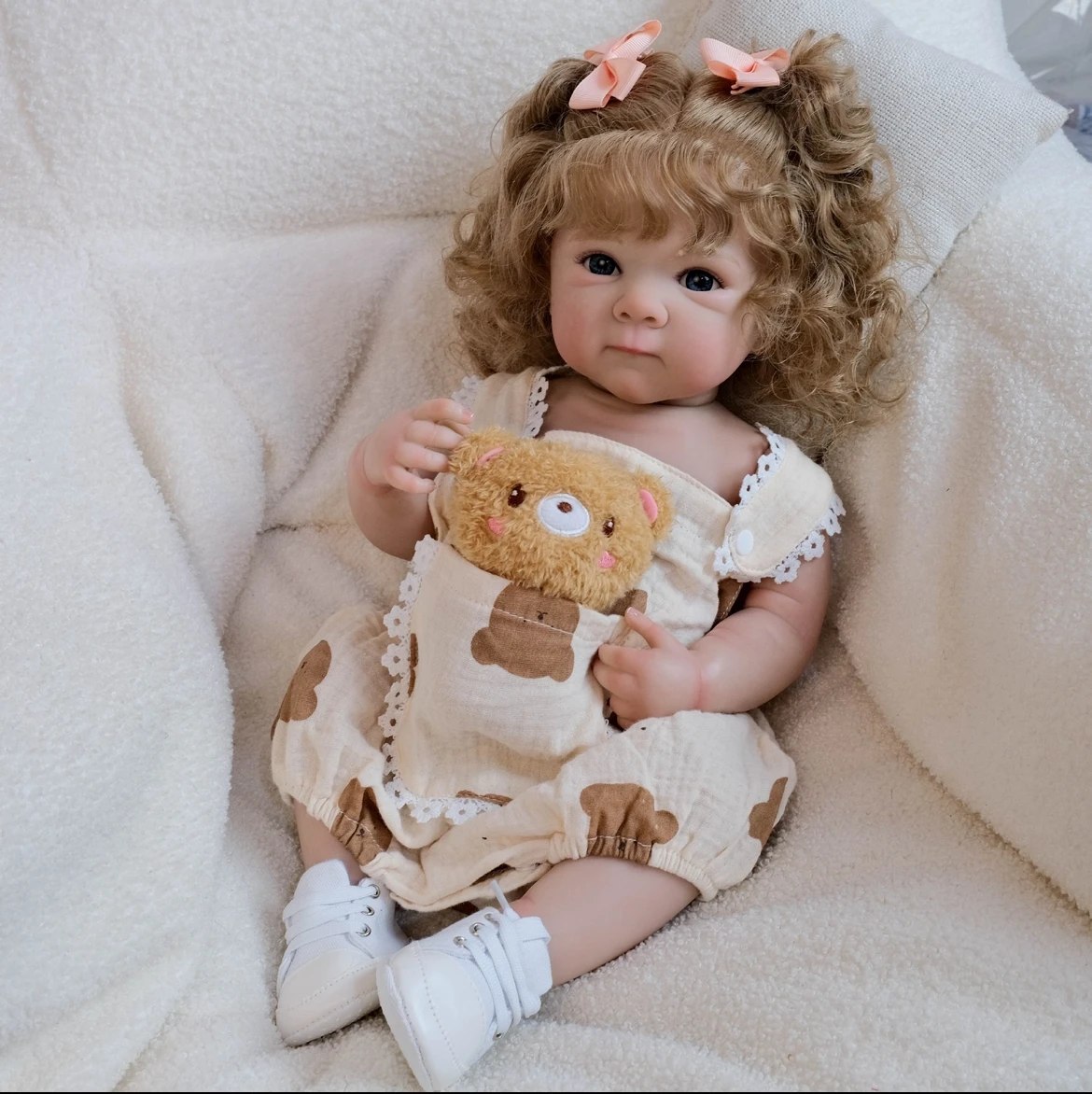 

18" Reborn Baby Doll Bettie Newborn Girl Donning Bear-Patterned Suspender Onesie, Featuring Soft Vinyl Skin, Hand-Painted Veins