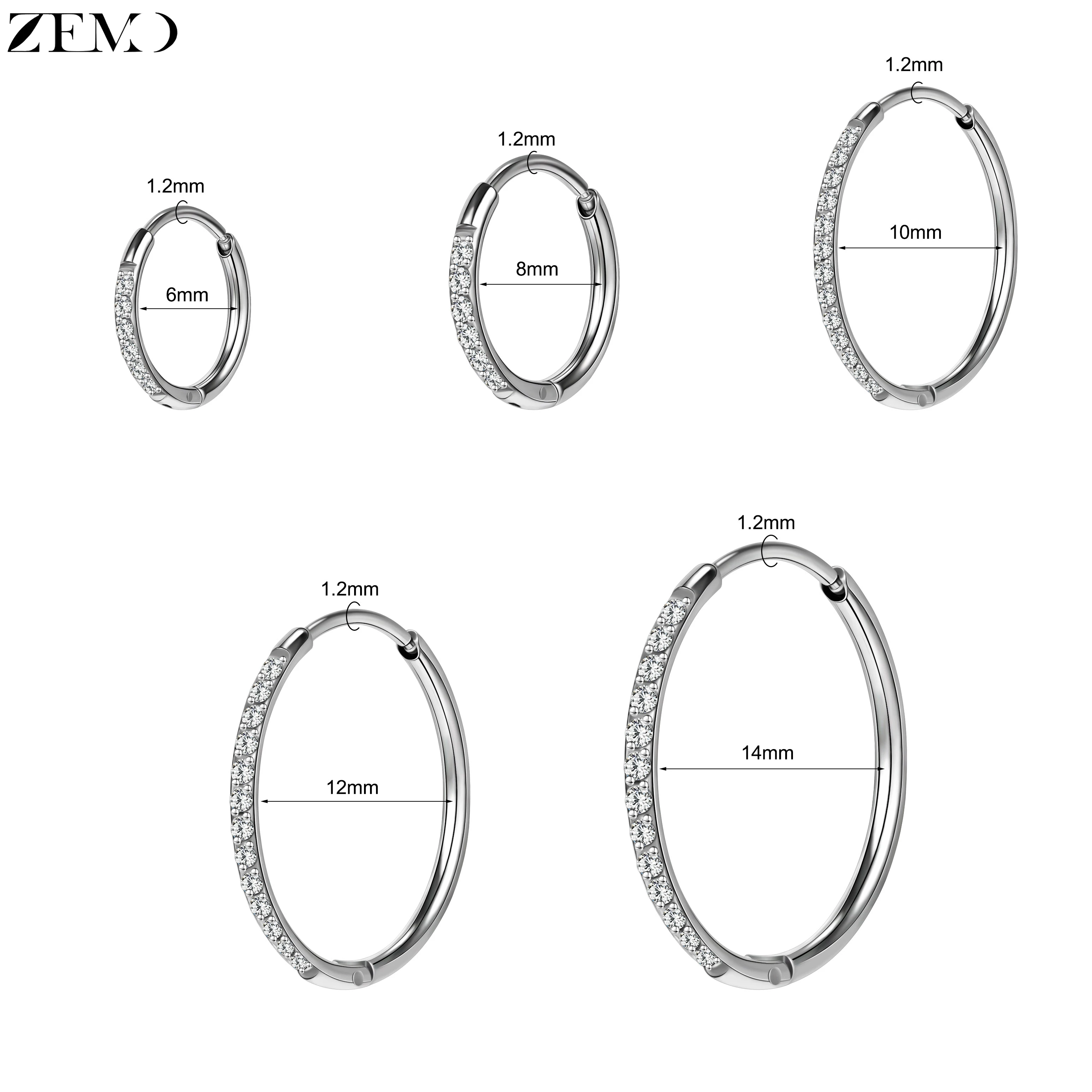 ZEMO 1 Piece 20G Stainless Steel Hoop Earrings Women Men CZ Crystal Circle Earring Clicker Ear Helix Cartilage Piercing 6MM-14MM