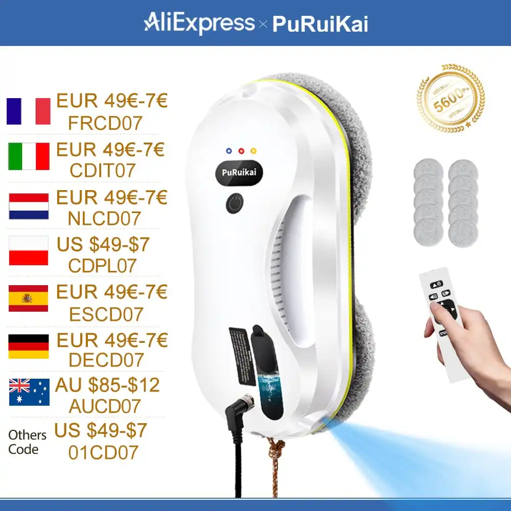 PuRuiKai 2025 Robotic Window Cleaner – AI-Powered Streak-Free for Glass/Patio Doors/Tiles Ultra-Quiet & Remote Control  PRK-309
