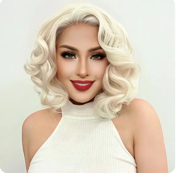 Synthetic 12inch Platinum Short Blonde 13×3 Lace Front Wig White Women Curly Wavy Bob Wigs Synthetic Body Wave Lace Wig