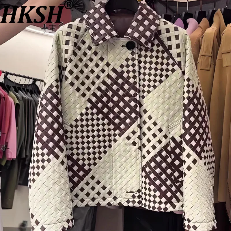

HKSH весенне-осенняя новая женская куртка с отложным воротником, однобортная тканая клетчатая куртка в американском стиле ретро, модное повседневное короткое пальто HK11721
