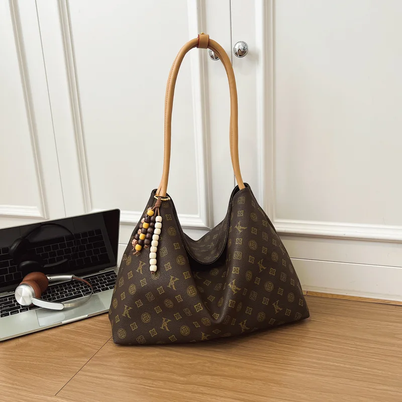 Women Vintage Monogram Tote Shoulder Bag, Large Capacity PU Leather Hobo Bag with Bead Pendant, Casual Work Shopping Handbag