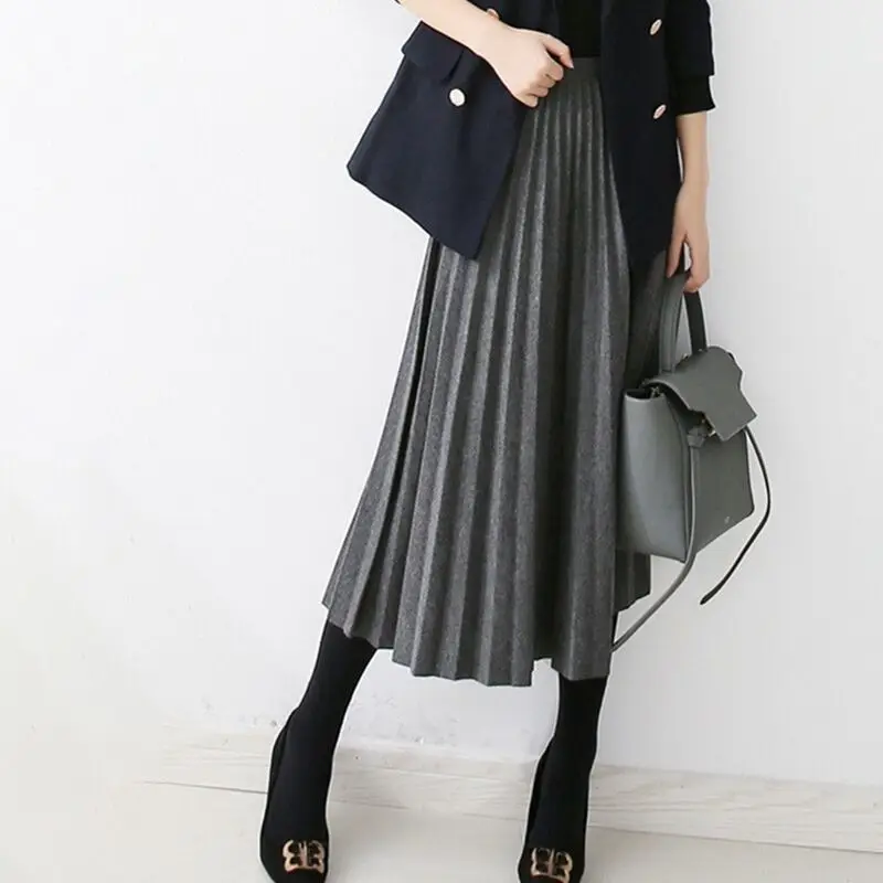 

New High Waist Solid Color Pleated Skirt Autumn Winter All-match Loose Youth Vintage A-line Skirt Fashion Elegant Women Clothing