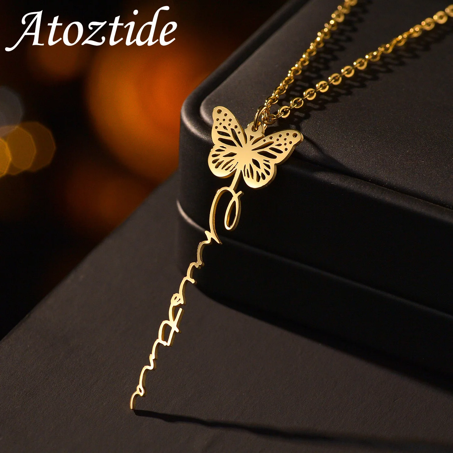 Atoztide Personalized Custom Name Necklace Stainless Steel Month Butterfly Nameplate Choker Pendant Chain Birthday Jewelry Gifts