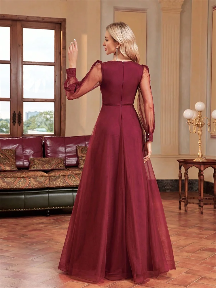 Elegant Tulle V-Neck Formal Evening Dresses Long Sleeve 2025 Womwen Floor-Length Party Dress Chiffon Cocktail Graduation Prom