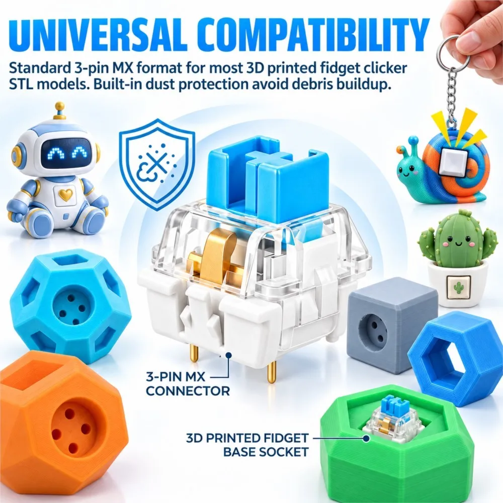 100PCS Keyboard Clickers for 3D Prints Crisp Clicks 3-Pin Gaming Dustproof Mechanical Keyboards 3D Printed Clicker Fidget