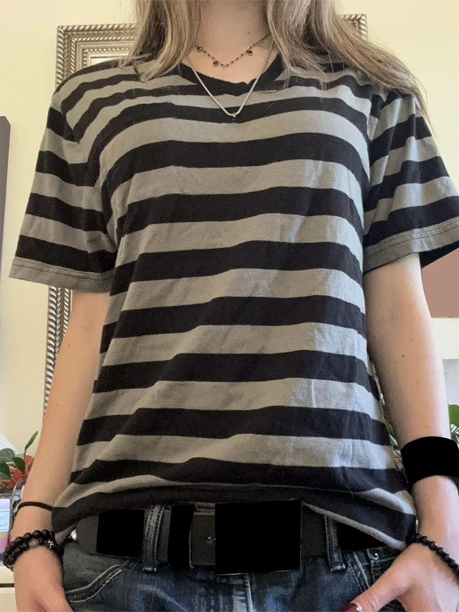 Y2K الجمالية الجنية الجرونج تي شيرت 90s مخطط كم قصير البلوز تيز الجمالية الجرونج القوطية الملابس الشارع الشهير #4