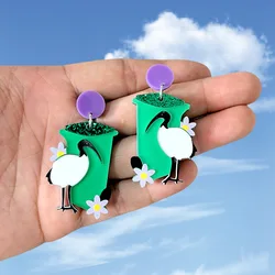 1Pair Glitter Red-Crowned Crane Acrylic Drop Earrings for Women Cute Animal Bird Charms Drop Earring