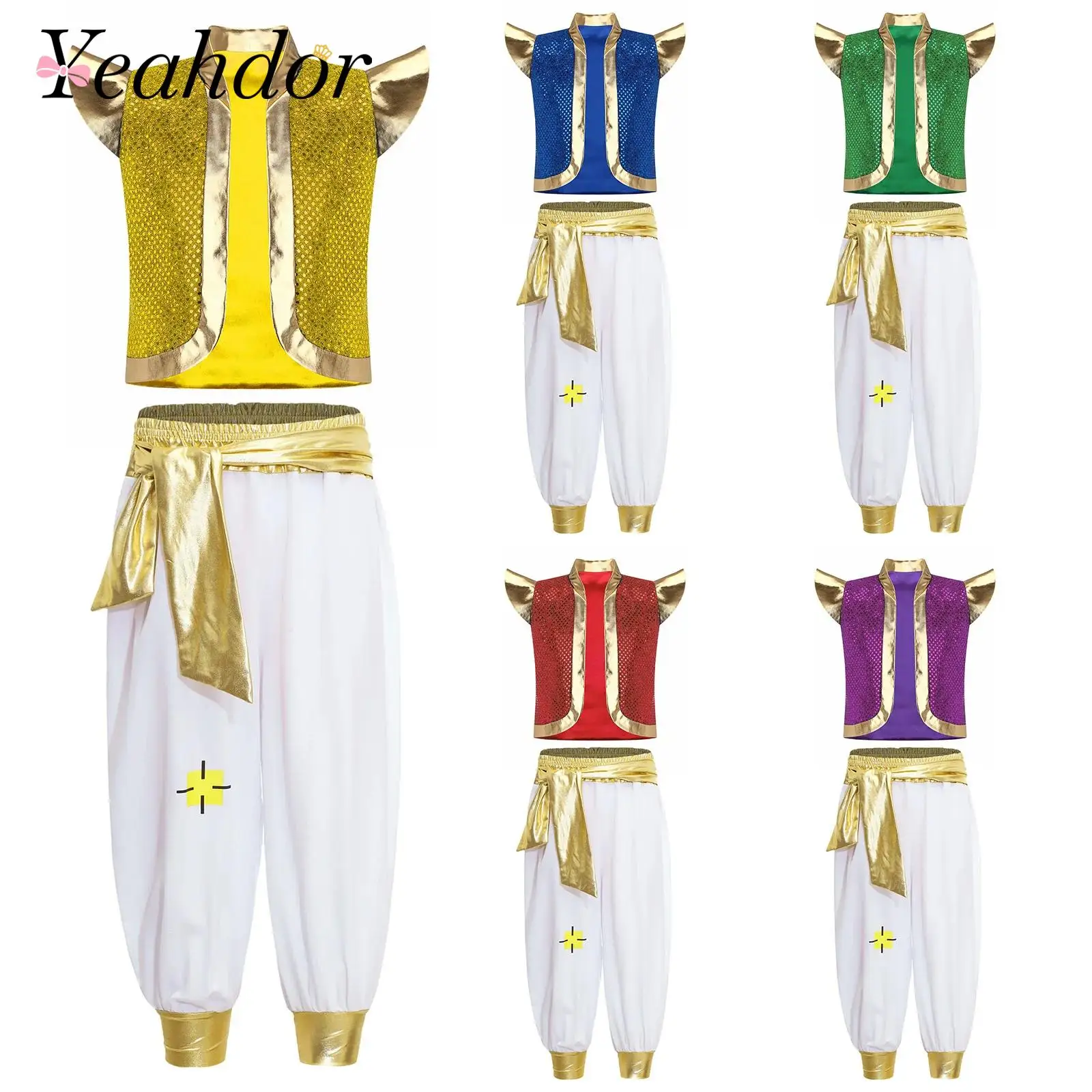 Boys Mythical Fancy Arabian Prince Outfits Dance Cosplay Waistcoat Pants Halloween Arab Fairy Party Carnival Dress Up Costume