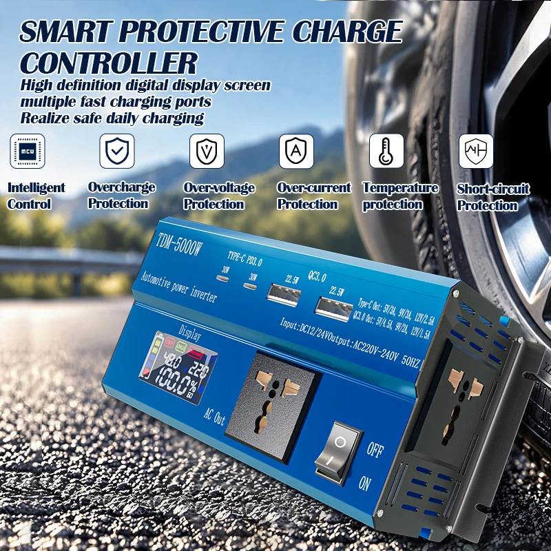 5000W Power Inverter DC 12V to AC 220V 240V Transformer with 2 USB/2 Type-c Charging with LED Display