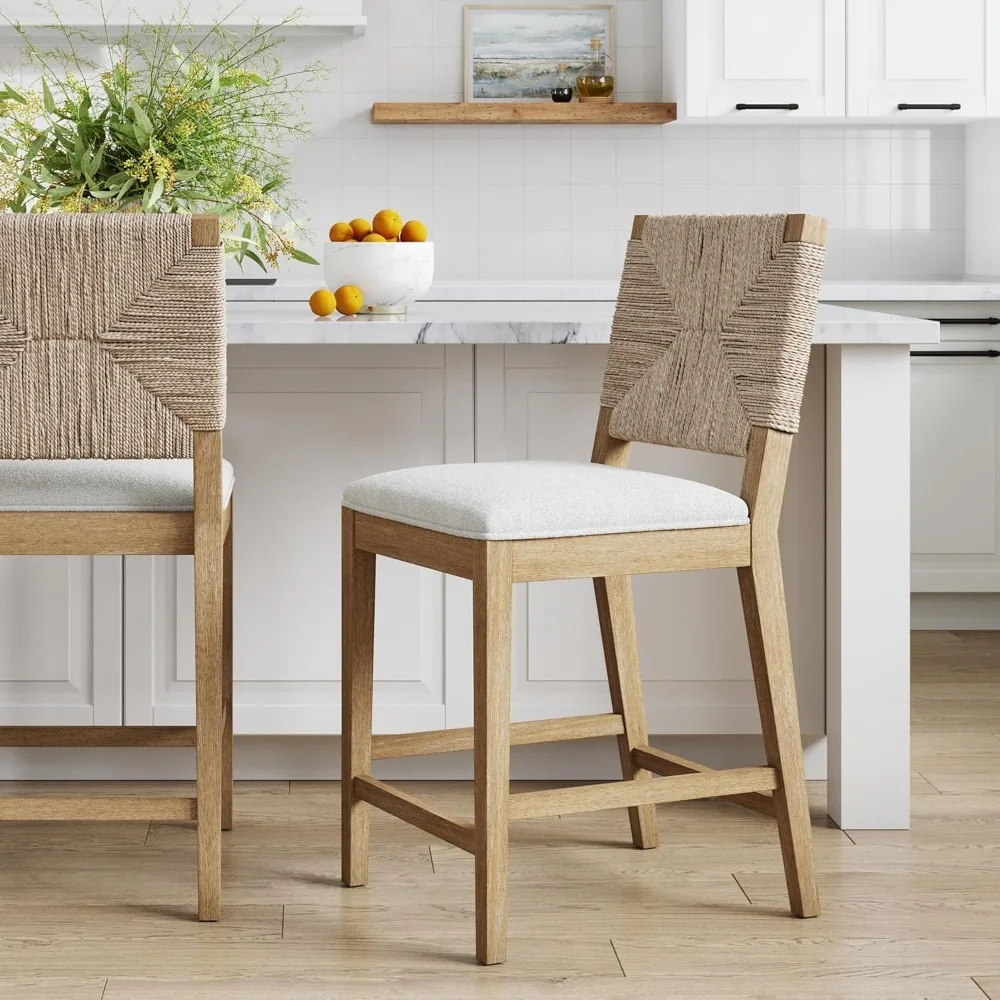 

Beacon Bohemian Bar Stool, Upholstered Counter Height Chair with Solid Wood Frame and Woven Seagrass Back