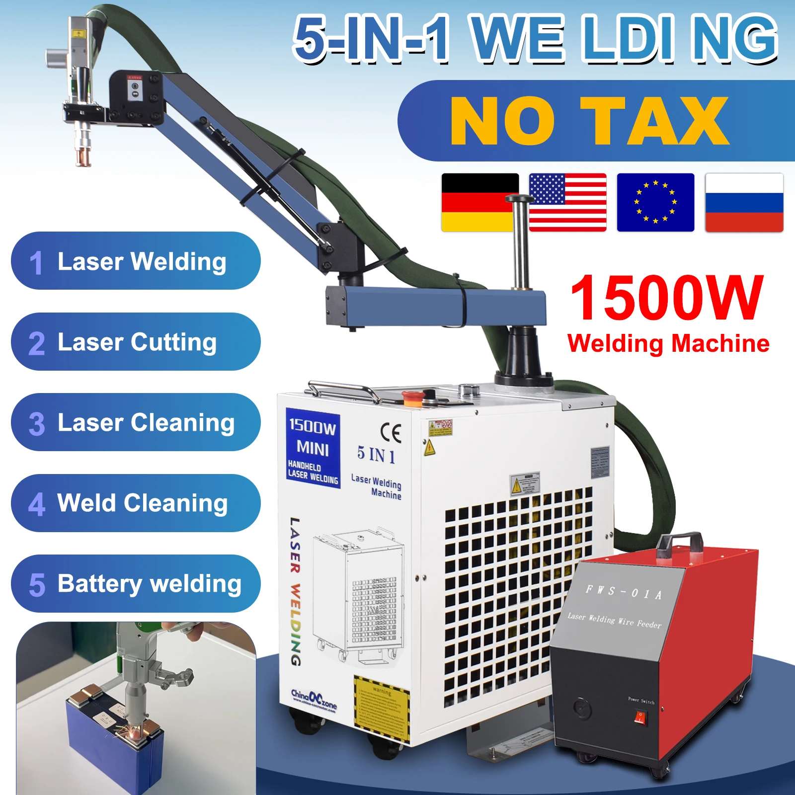 

5 in 1 Fiber Laser Welding Cleaning Cutting Battery Welding Machine Double Wobble 1500W Handheld Laser Welder for All Metal