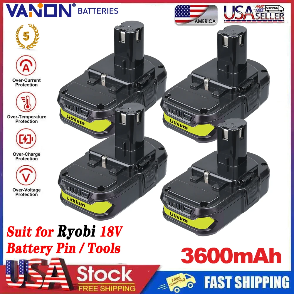 

VANON 1/2/4 шт. 3,6 Ач 18 В P102 литий-ионный аккумулятор, замена для Ryobi P104 P105 P108 P109, 18 В, аккумулятор для беспроводного электроинструмента, штифт