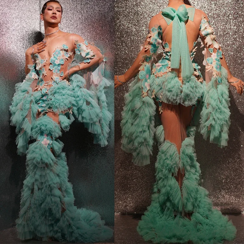 Green Long Sleeves Mesh Dress Sexy Floral Flowers Long Trail Dress Birthday Party Outfit Singer Stage Performane Costume XS4572