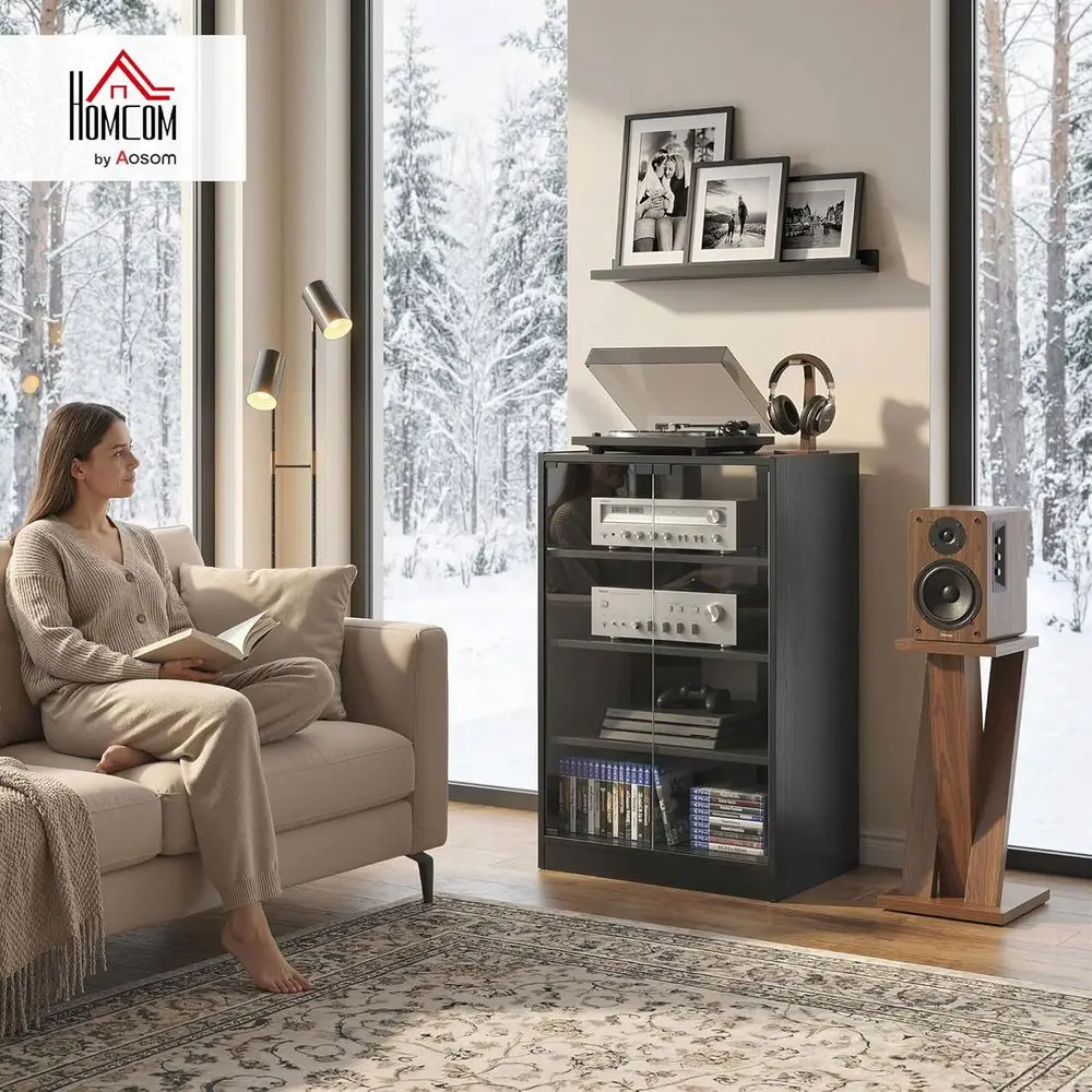 Media Cabinet 4-Tier Stereo Cabinet with Glass Door Black | Vinyl Record Player, AV Record Player Stand, Adjustable Shelves, Pus
