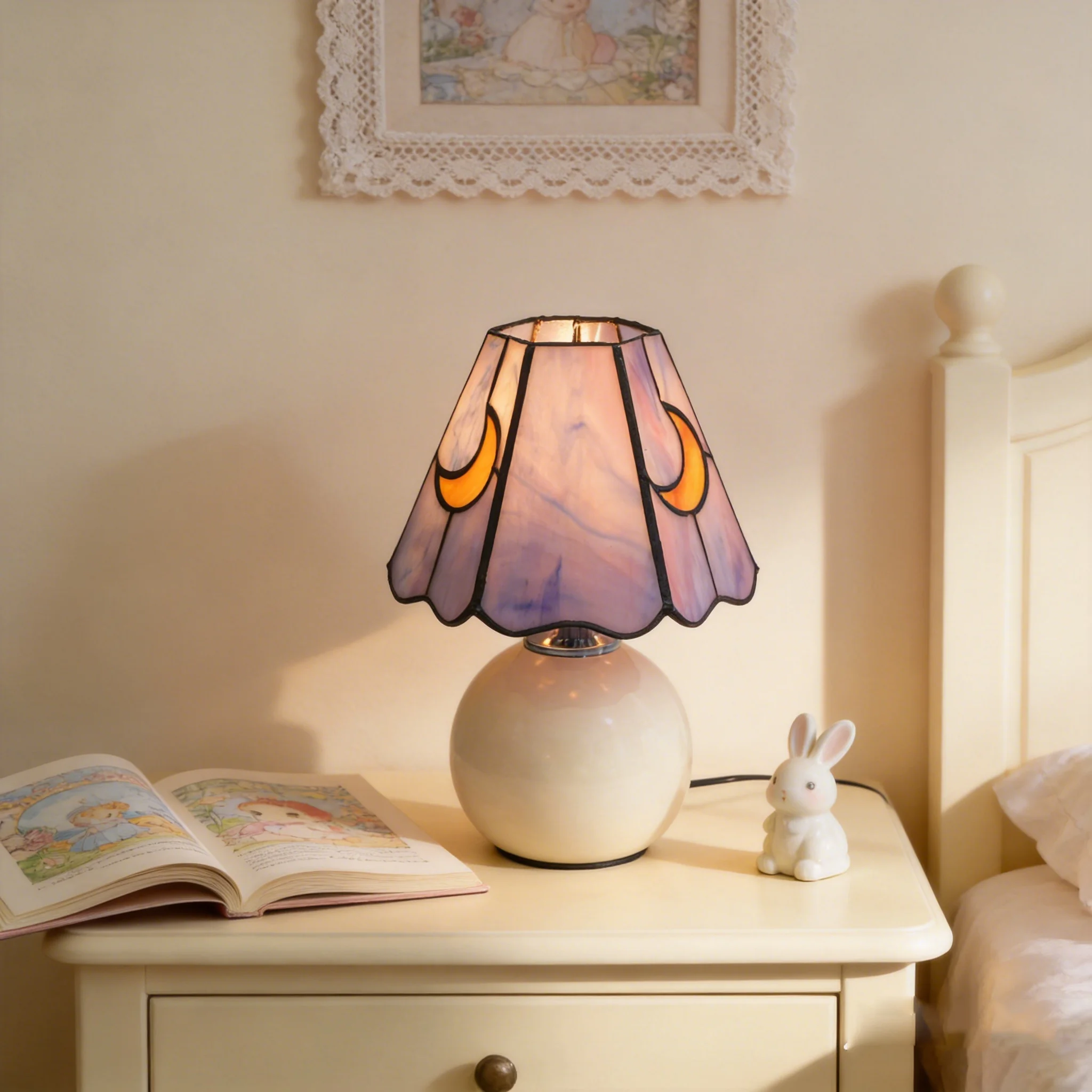 Modern Stained Glass Purple Moon Mushroom table Lamp for Bedroom Small Nightstand Lamps for Home Living Room kid's room decor