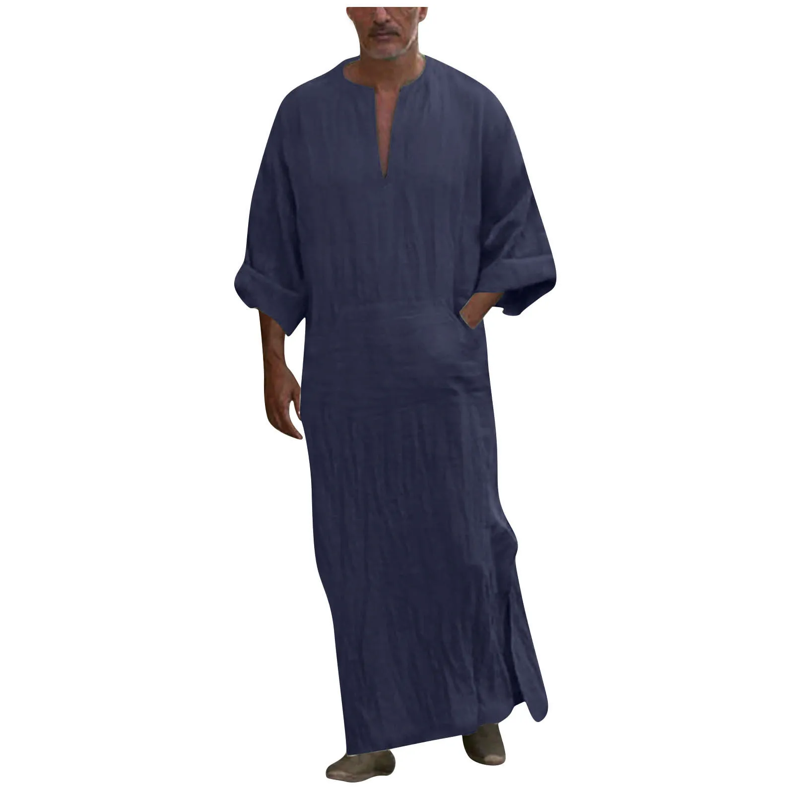 Robe Longue en Lin à Col en V pour Homme, Tenue Décontractée à Manches sulf, Couleur Unie, Caftan Confortable avec Poche, à la Mode, Été