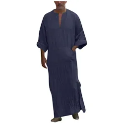 Robe de linho decote v masculino, manga longa, vestido solto casual, cor sólida, kaftan confortável com bolso, moda, verão