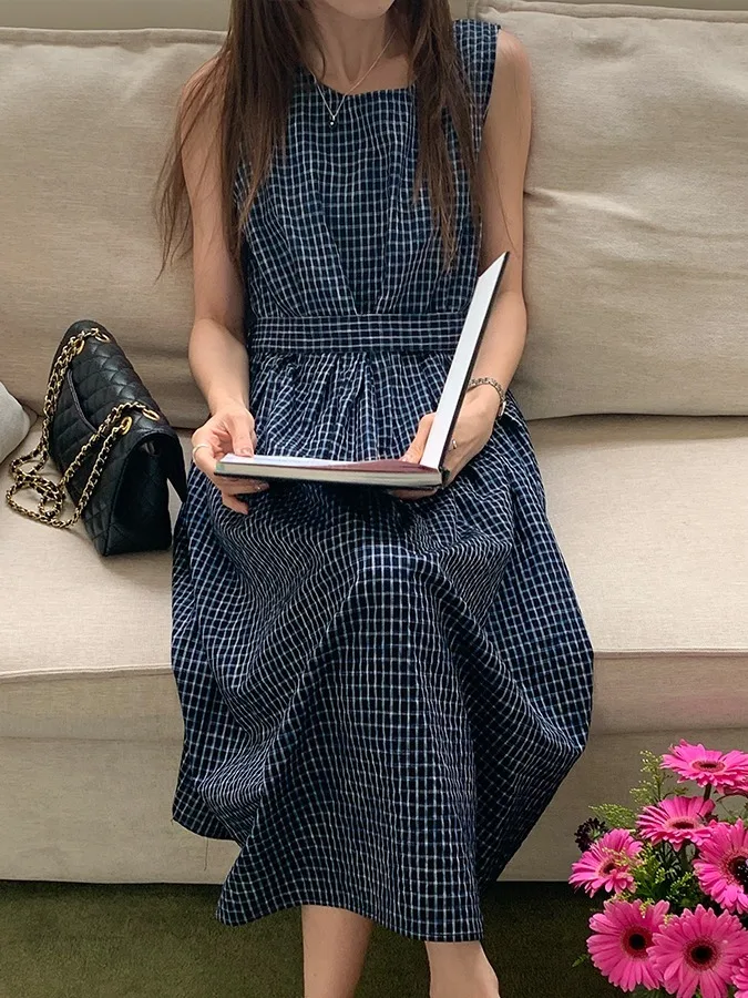 Vestido Midi Retro a Cuadros sin Mangas para Mujer, Hoado, Rejuvenecedor, con Cuello Redondo y Cinturón en la Cintura