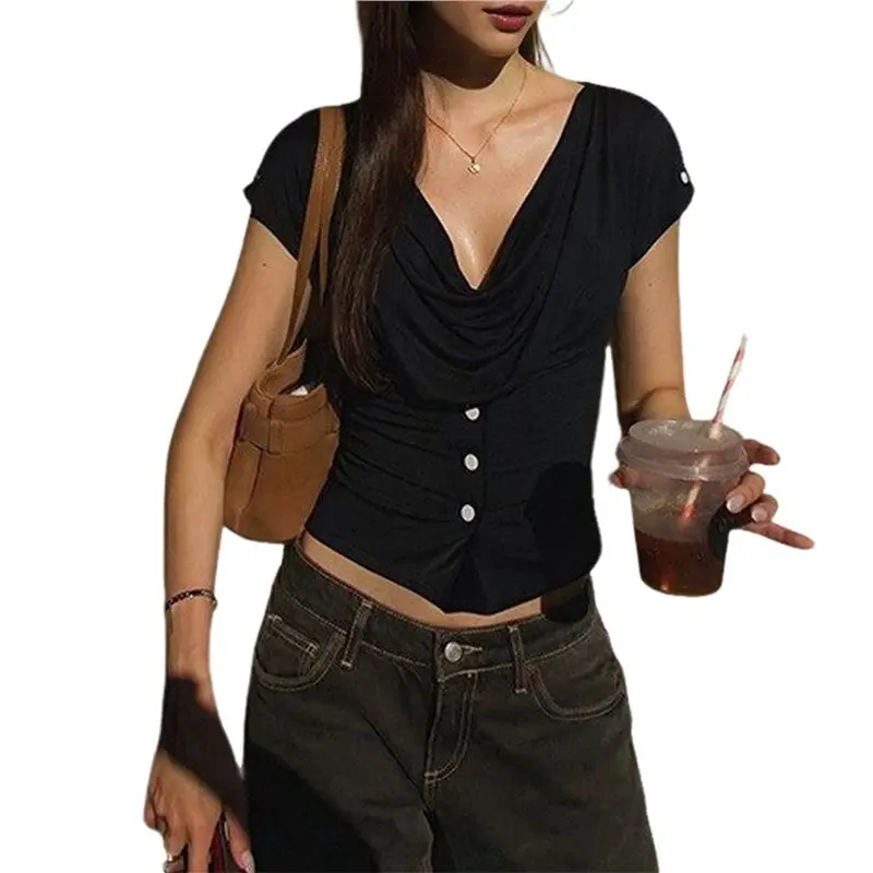 NEW-Women's Draped Cowl Neck Crop Top Short Sleeve Fitted T-Shirt Casual Streetwear For Everyday