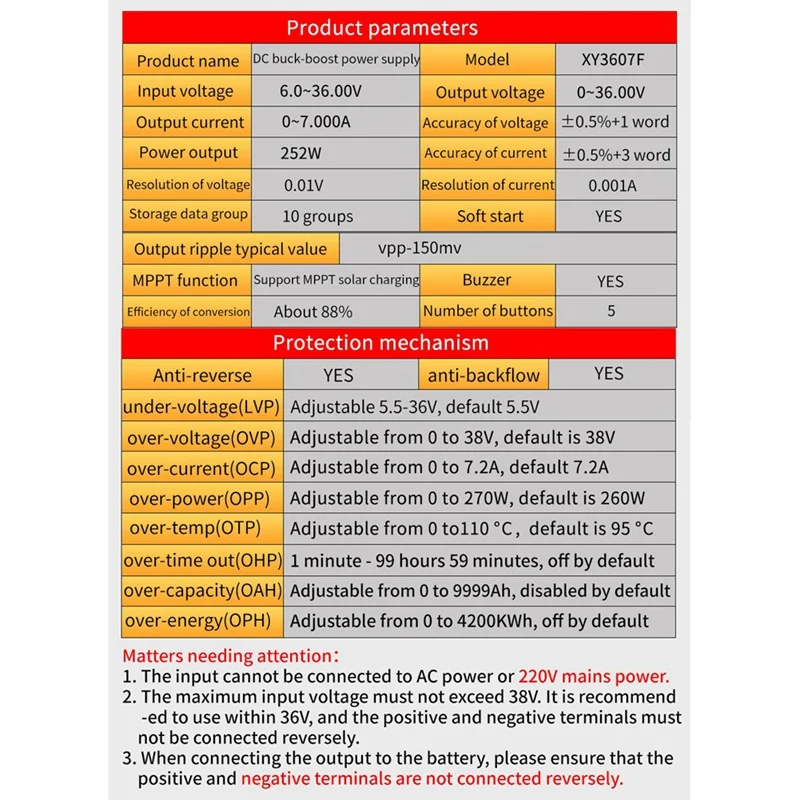 XY3607F Повышающий и понижающий источник питания постоянного тока с ЧПУ Регулируемый источник питания со стабилизированным напряжением 7 А/252 Вт