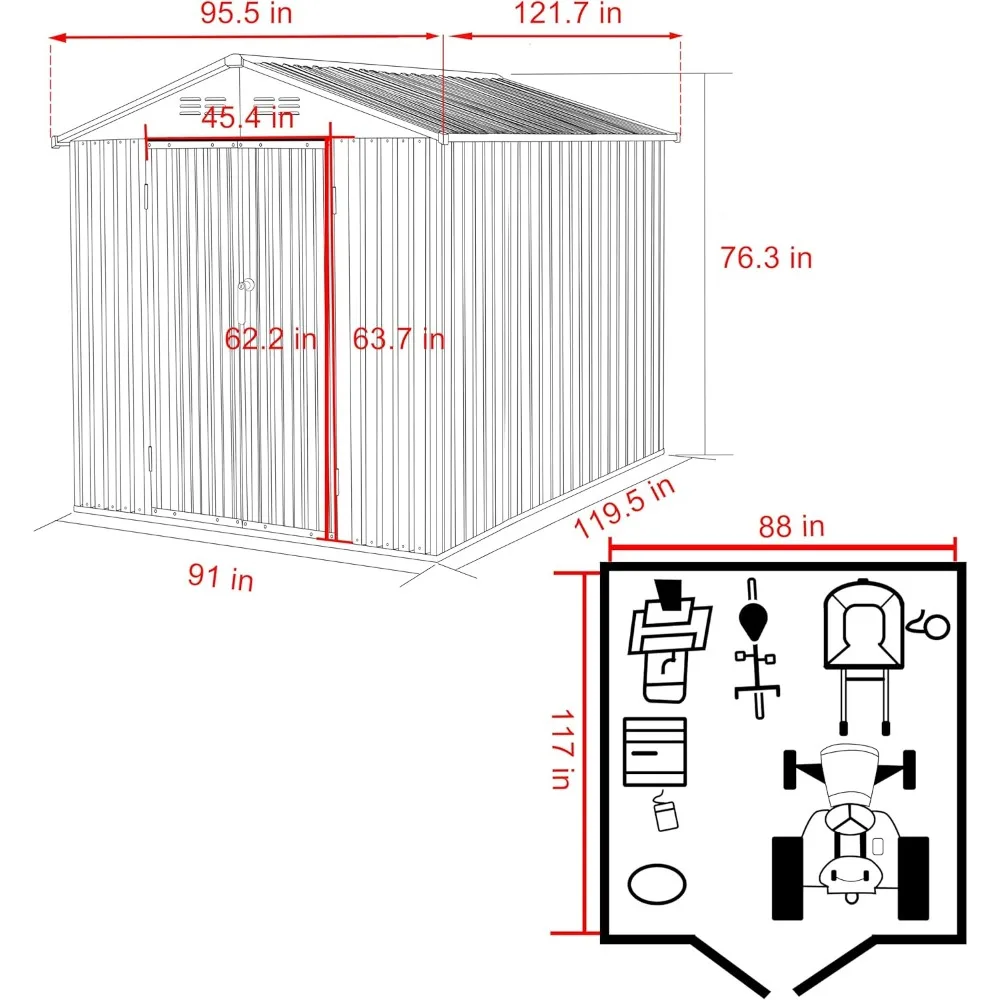 Capannone portaoggetti da esterno in metallo 8x10 FT, kit capannone per attrezzi da giardino con porte e serratura, capannone per attrezzi da giardino impermeabile per giardino