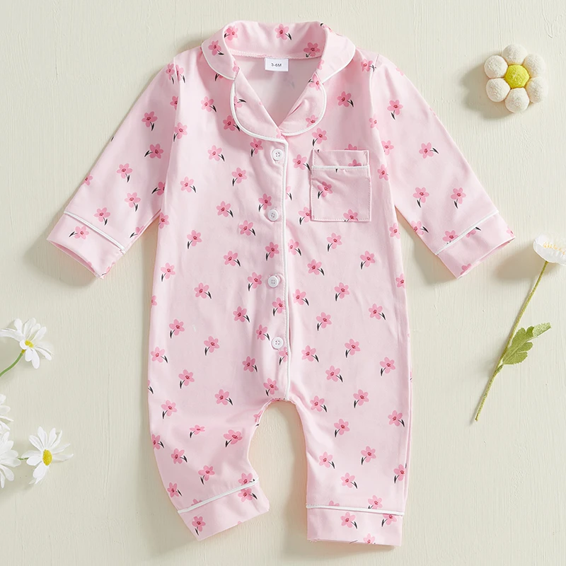 Baby Girls Fall Winter Pajamas Rompers Flower Print Long Sleeve Bodysuits Jumpsuits Sleepwear