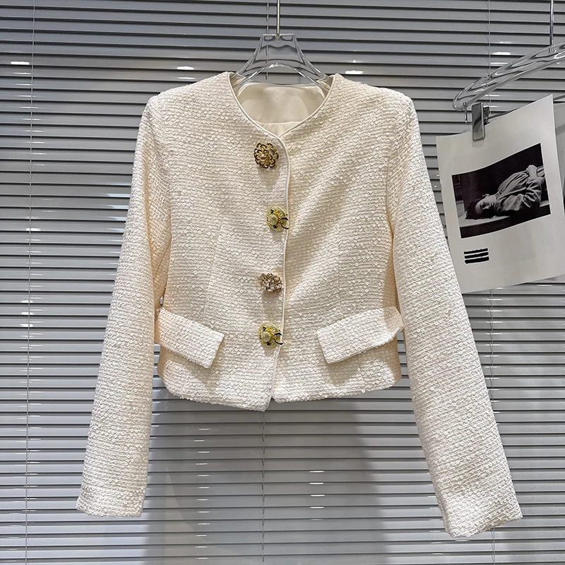 Women's Spring 2026 Lightweight Luxurious Tweed Jacket New Sparkly Metal Buttons Elegant French Style Glamorous Short Jacket