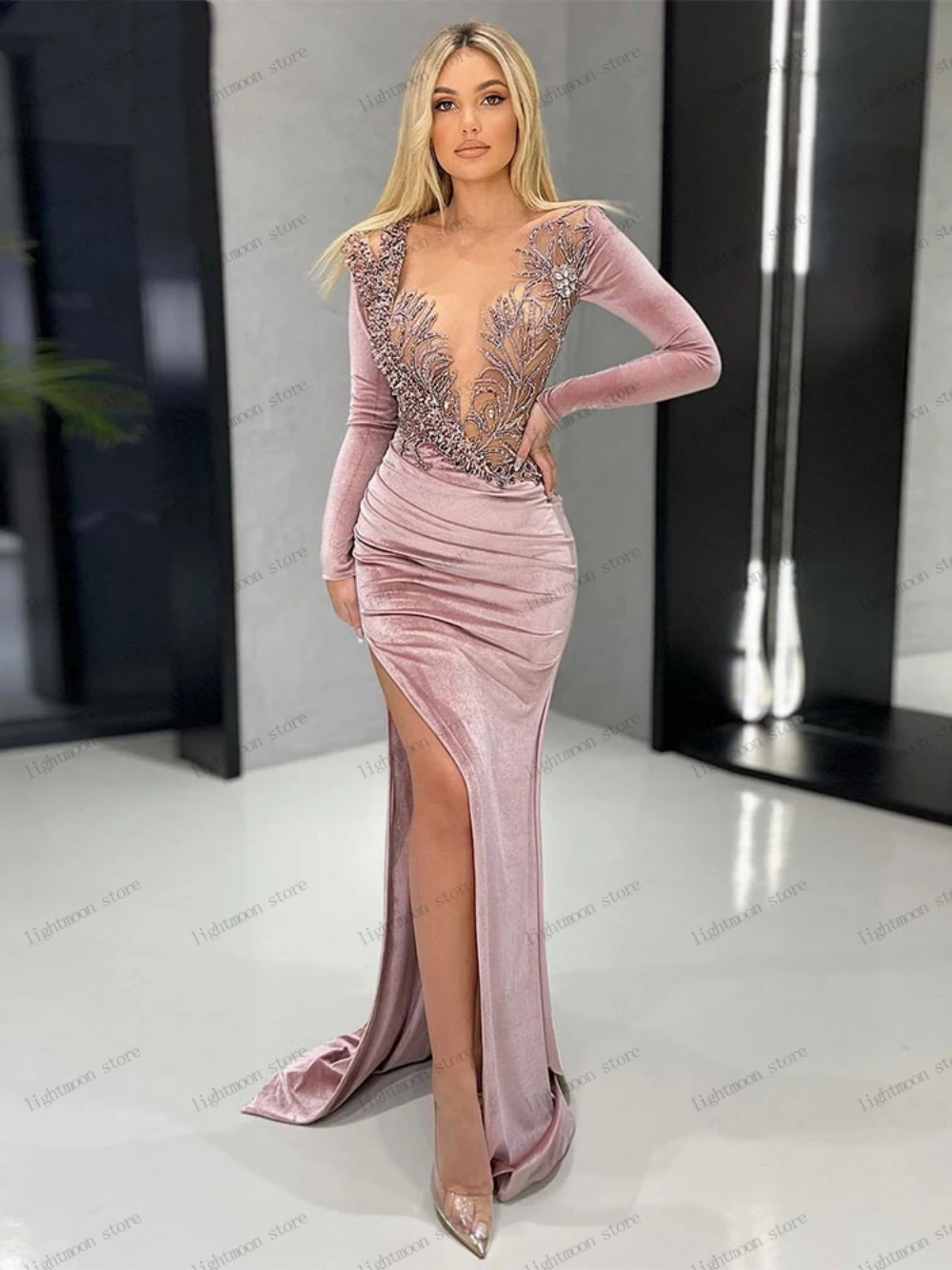 Romantic Evening Dresses Graceful Prom Dress Beading Appliques Full Sleeves High Slit Sheath Mermaid Glamorous Vestidos De Gala