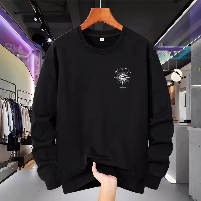 Large Size 300 Pounds Hard Pure Cotton round Neck Sweatshirt Men's Spring Autumn Compass Needle Print Long Sleeve Top