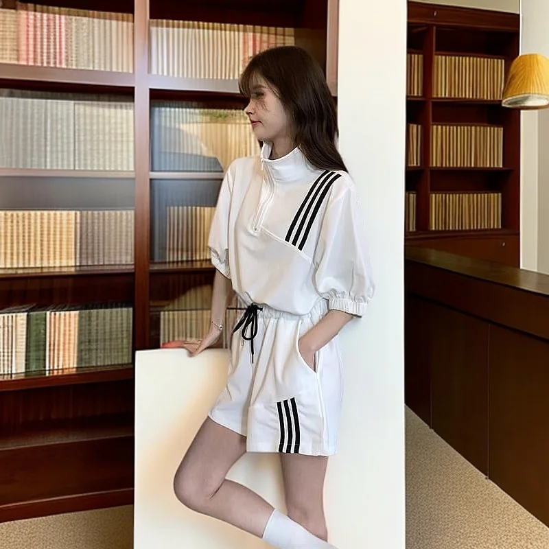 

Women Clothes Summer Korean Fashion Zipper Solid Color Polo Collar Short Sleeve Femme Simplicity Preppy Style Two-piece Set Suit