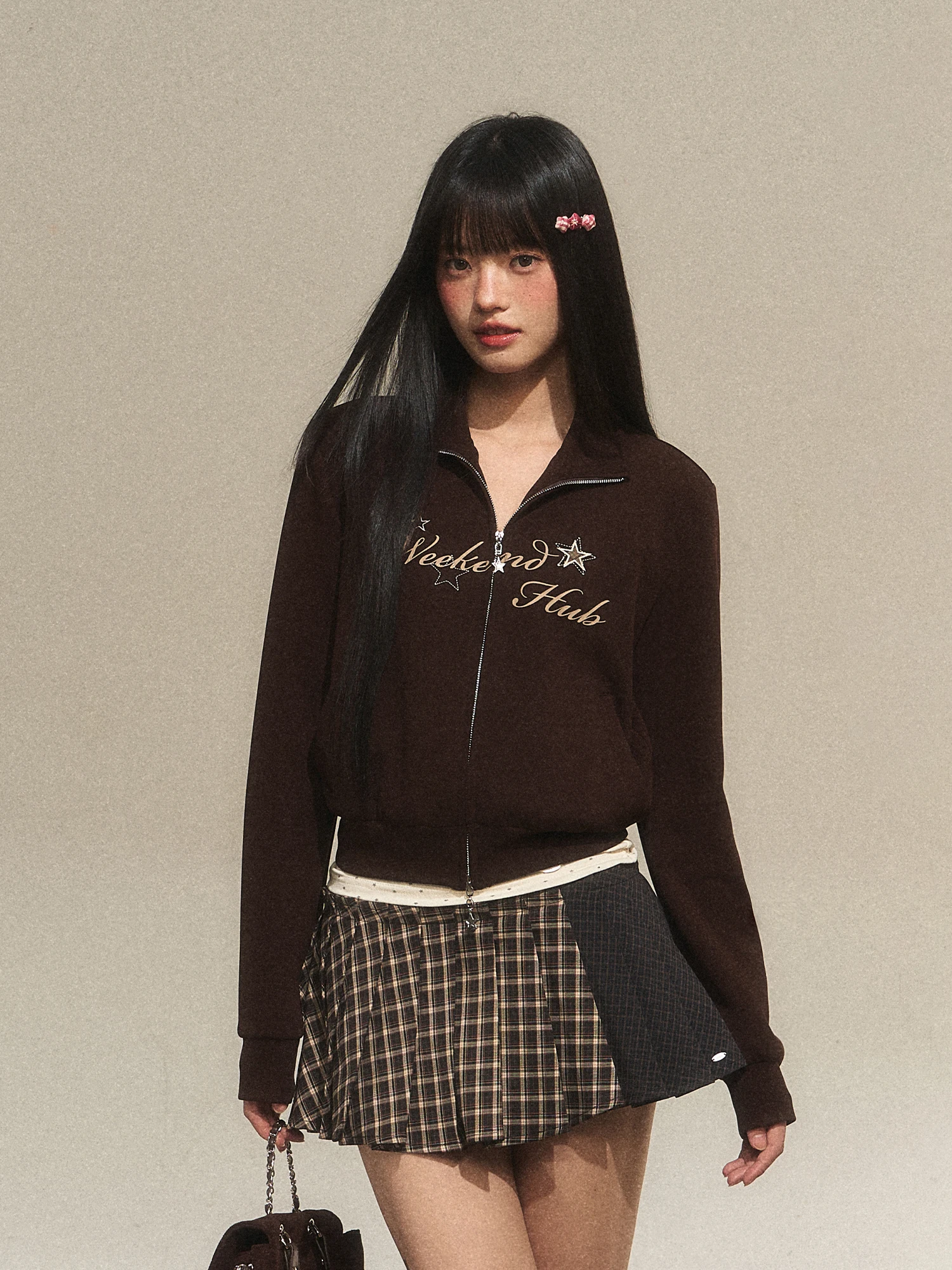 

Wedhub American Retro Letter Print Sweatirt Jaet Women's Slim Fit ort Top Polyester Viscose Lyocell Spandex Zipper