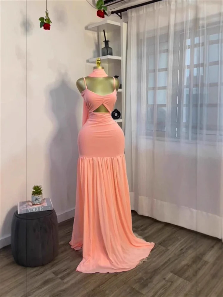 Kliou froncé élégante Sling robe + longue écharpe femme col bas sans manches taille haute conception creuse soirée banquet parti vestidos
