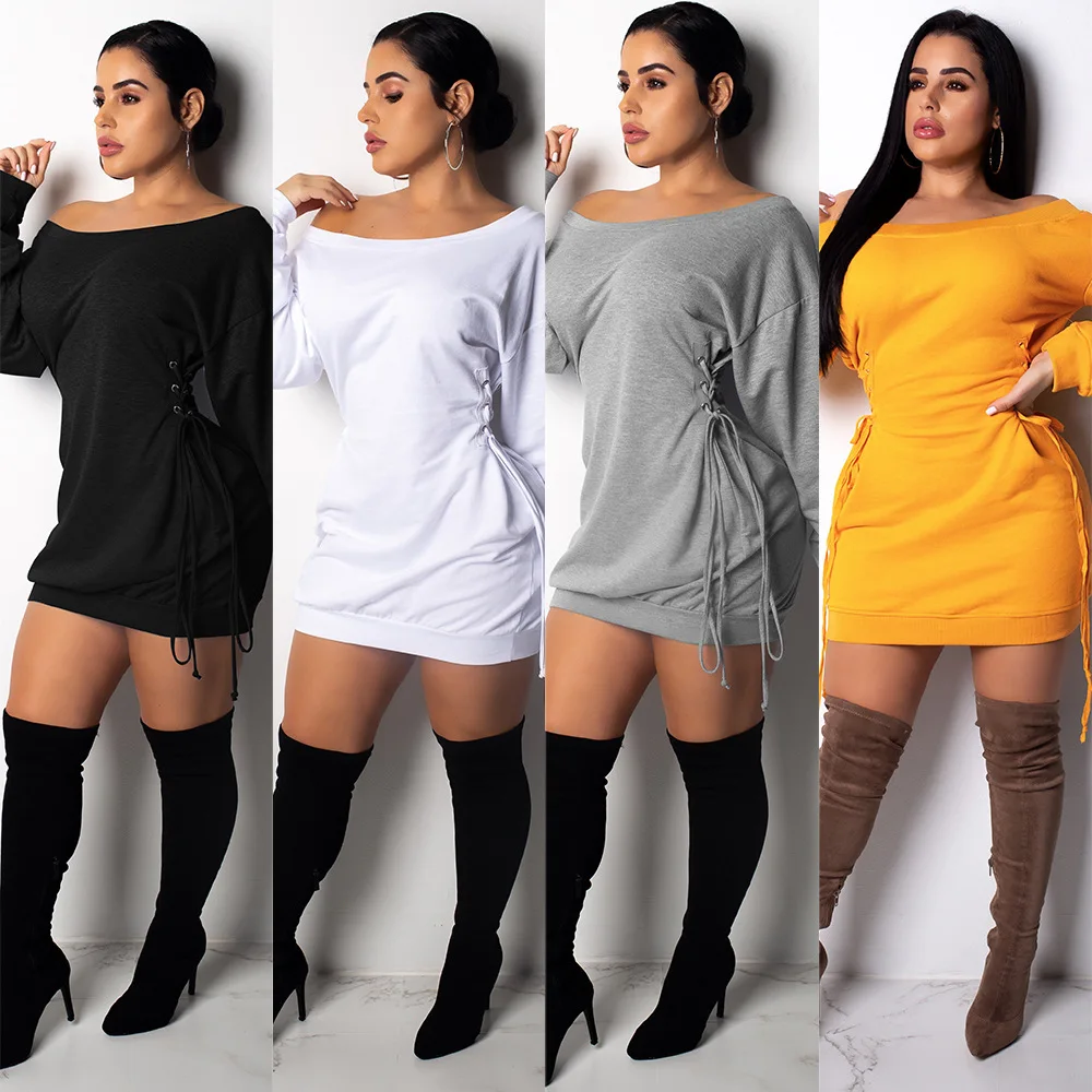 

Spring and Autumn Women's Dress Off Shoulder One Neck Splice Bow Tie Waist Show Hip Nightclub Dress Sexy Short Dress