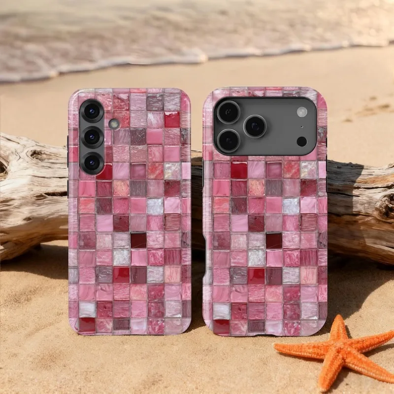 Pink Mosaic Tile Pattern Design Shockproof 2-in-1 Phone Case For 17 Air 16 15 14 13 12 Pro Max Plus silicone lens protection