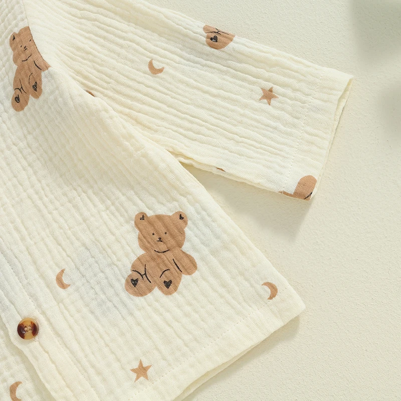 Kids Toddler Girl Boy Two Piece Pajamas Set Button Down Pajama Shirt Top Pants Shorts Cute Bear Print Sleepwear Pjs Set 1-6Y