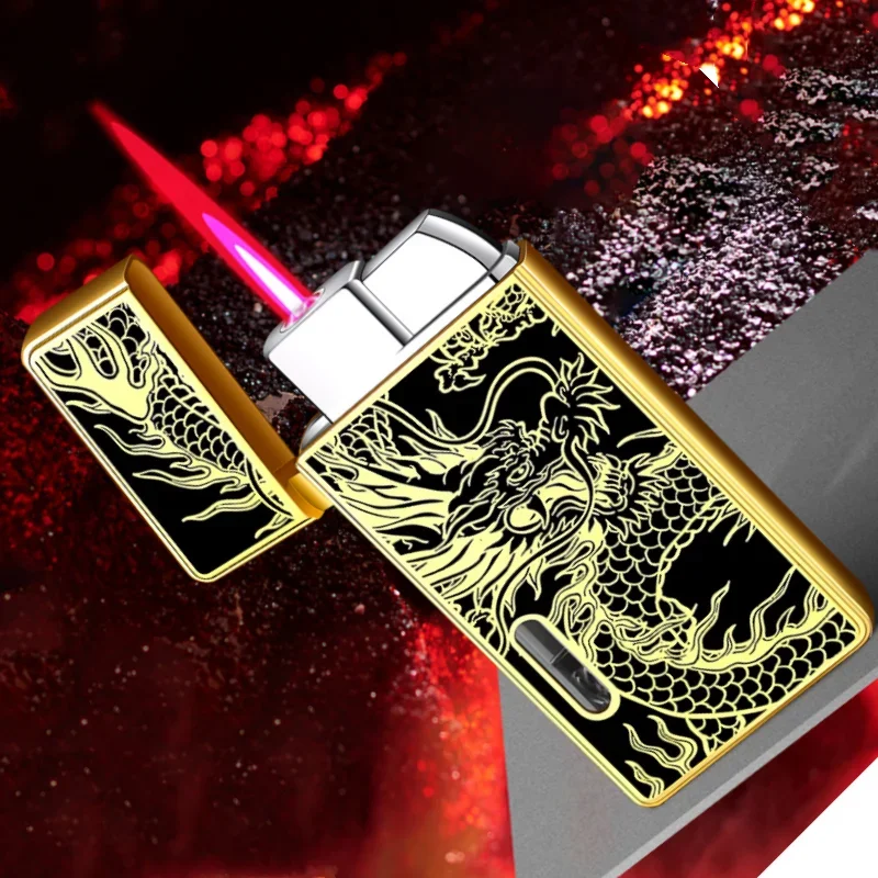 NEW Metal Lighter Visible Gas Inflatable Lighter Windproof Pink Flame Multi layer Craft Dragon Lighter Cigar Smoking cool Gift